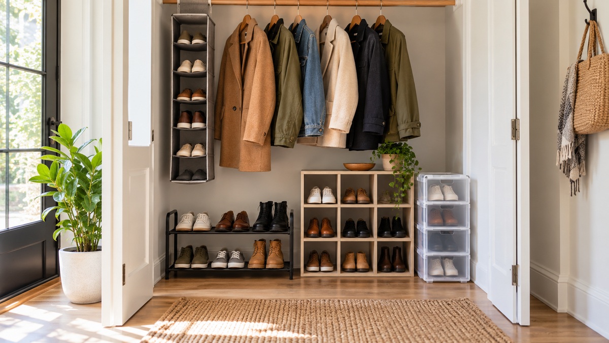 Multiple shoe storage systems organize footwear beneath coats in a bright entry closet.
