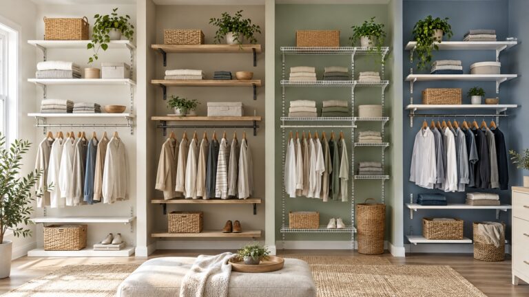 Four closet shelving systems shown against coordinated neutral and muted wall colors.