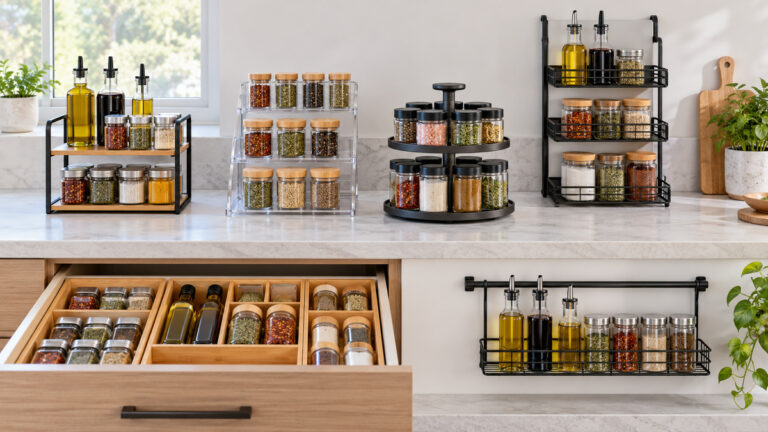 Six condiment storage rack styles organized with plain bottles and jars in a kitchen.