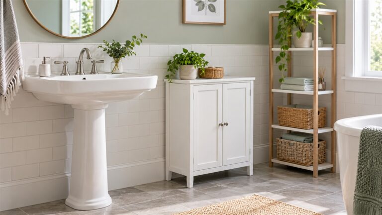 A white pedestal sink with a cabinet beside it, its doors closed, and a small shelf unit in the corner of a bathroom.