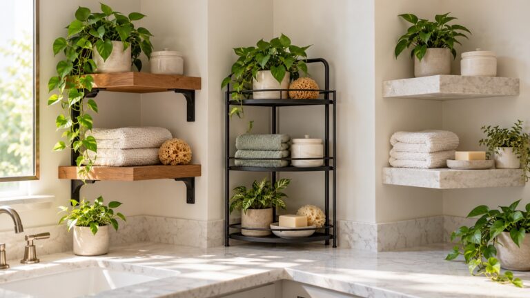 Wood, metal, and stone-look corner shelves are compared on a bright bathroom counter.