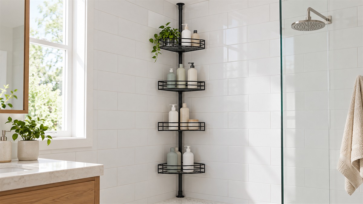 A black metal L-shaped corner caddy held between floor and ceiling by a tension pole in a bathroom corner, with shampoo bottles on its tiers.