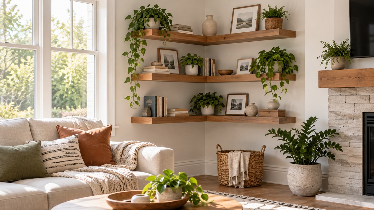 A living room corner with wall-mounted corner shelves holding books, plants, and framed photos.