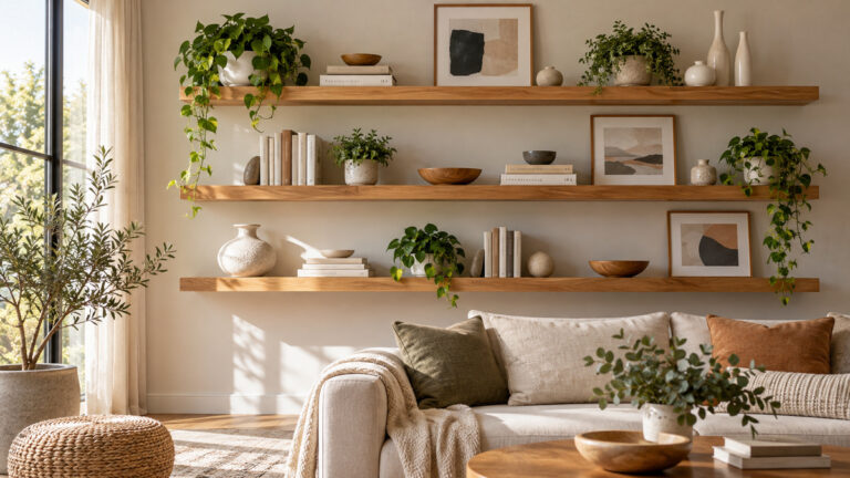 Floating living-room shelves styled with plants ceramics books and abstract art.