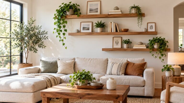 A living room wall with staggered floating shelves holding books, frames, and small plants above a sofa.