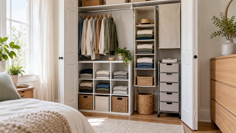 A narrow bedroom closet with cube cabinet, hanging shelves, and rolling drawers used for folded clothes.