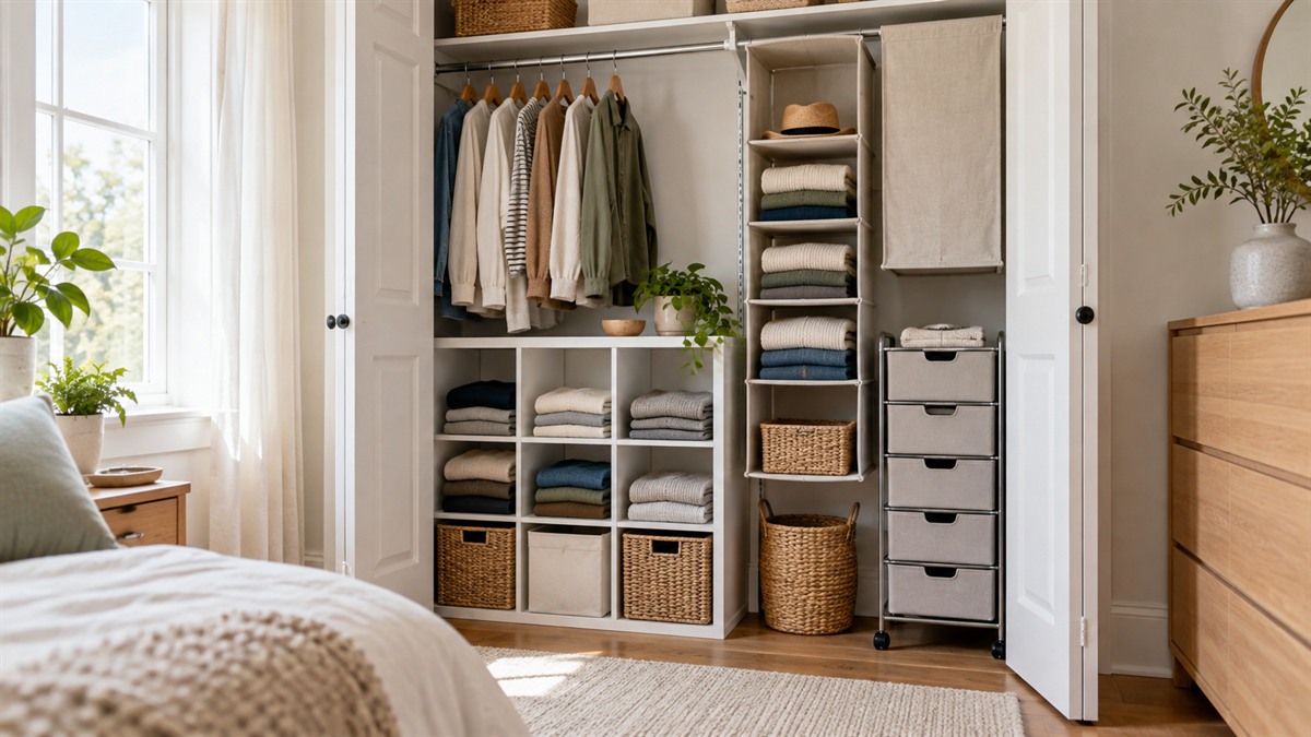 A narrow bedroom closet with cube cabinet, hanging shelves, and rolling drawers used for folded clothes.