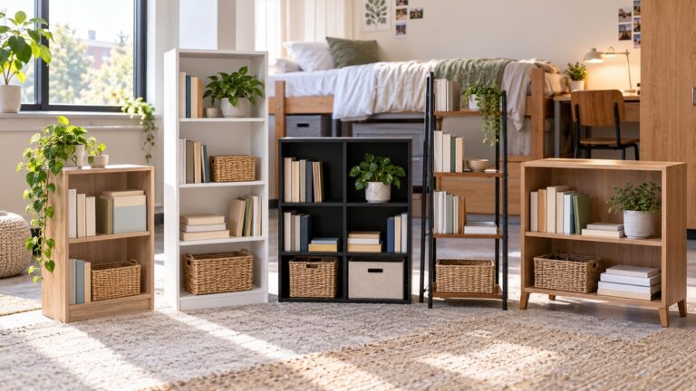 Compact bookshelves with books and baskets are compared in a bright dorm room.