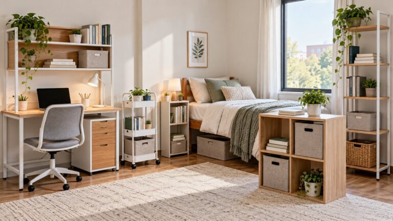 Space-saving shelf configurations arranged throughout a bright compact dorm room.