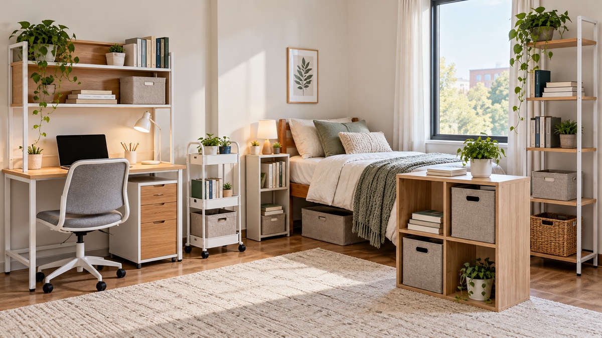 Space-saving shelf configurations arranged throughout a bright compact dorm room.