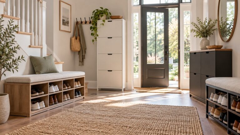 Entryway shoe storage benches and slim cabinets.