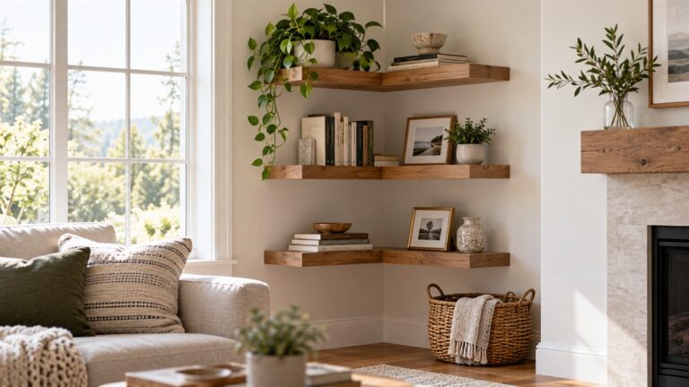 living room corner with floating corner shelves holding books, plant, and frames in daylight.