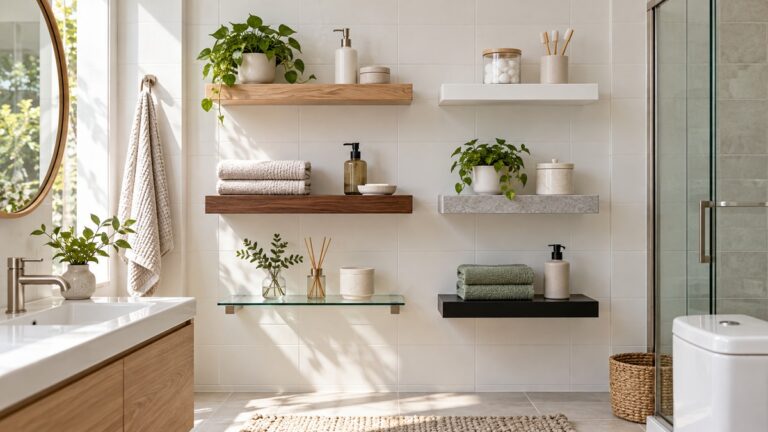 Six floating shelves provide compact storage in a bright small bathroom.