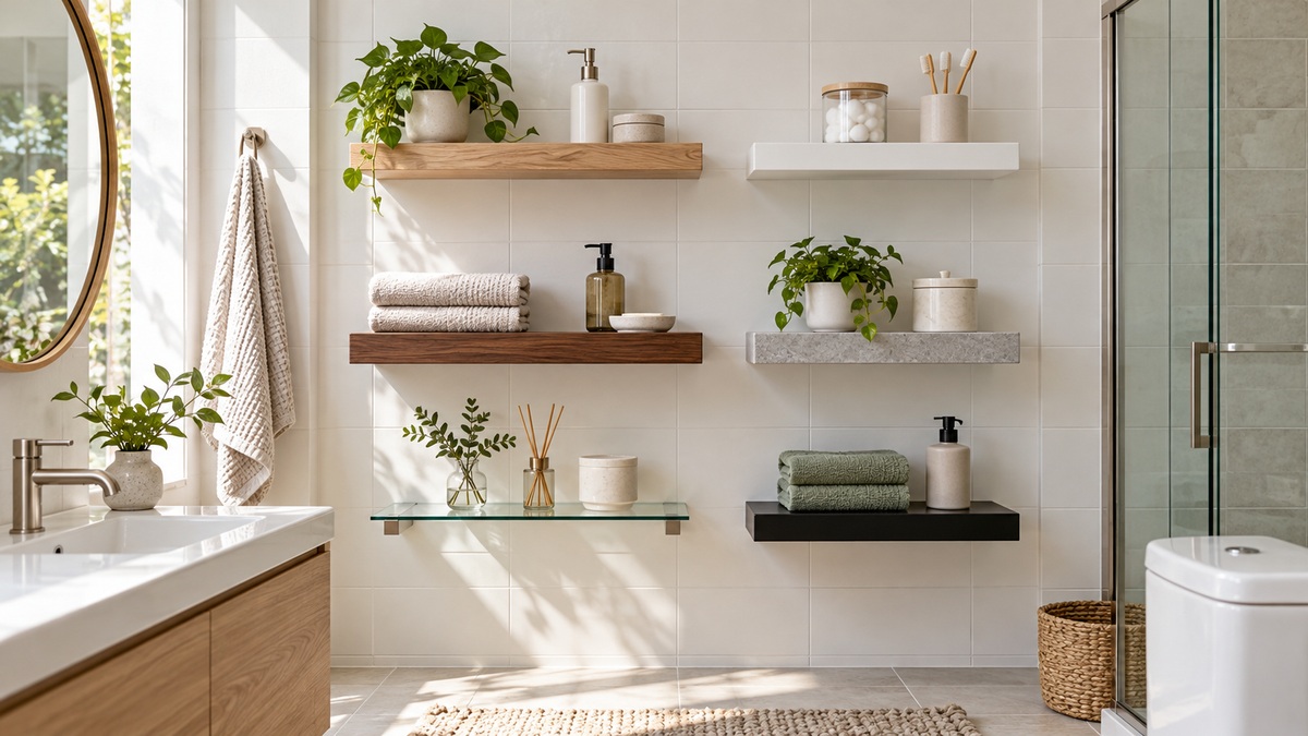 Six floating shelves provide compact storage in a bright small bathroom.