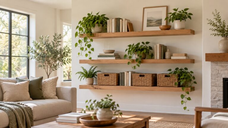 A living room wall with three wood floating shelves holding books, plants, and storage baskets.