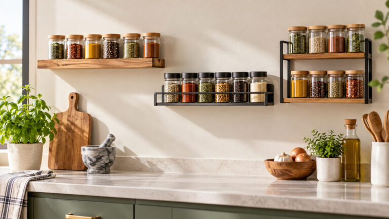 Wood and metal floating spice shelf styles displayed on a bright kitchen wall.