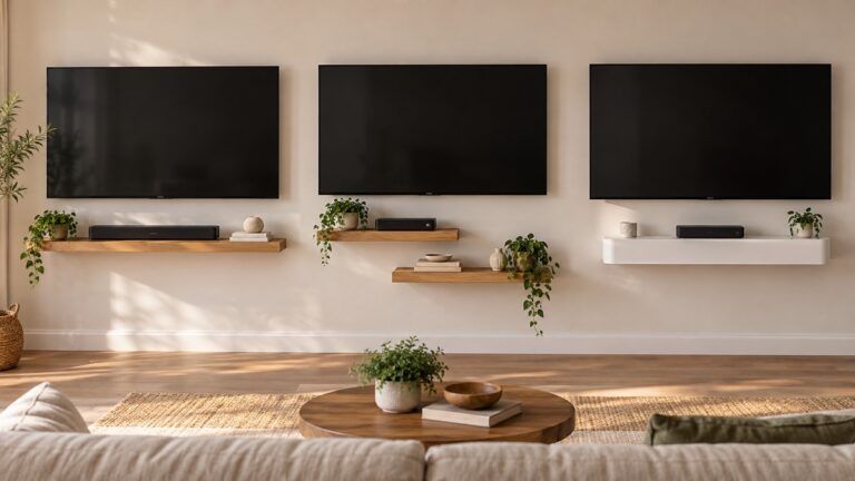 Floating wall shelf configurations displayed beneath blank wall-mounted televisions.