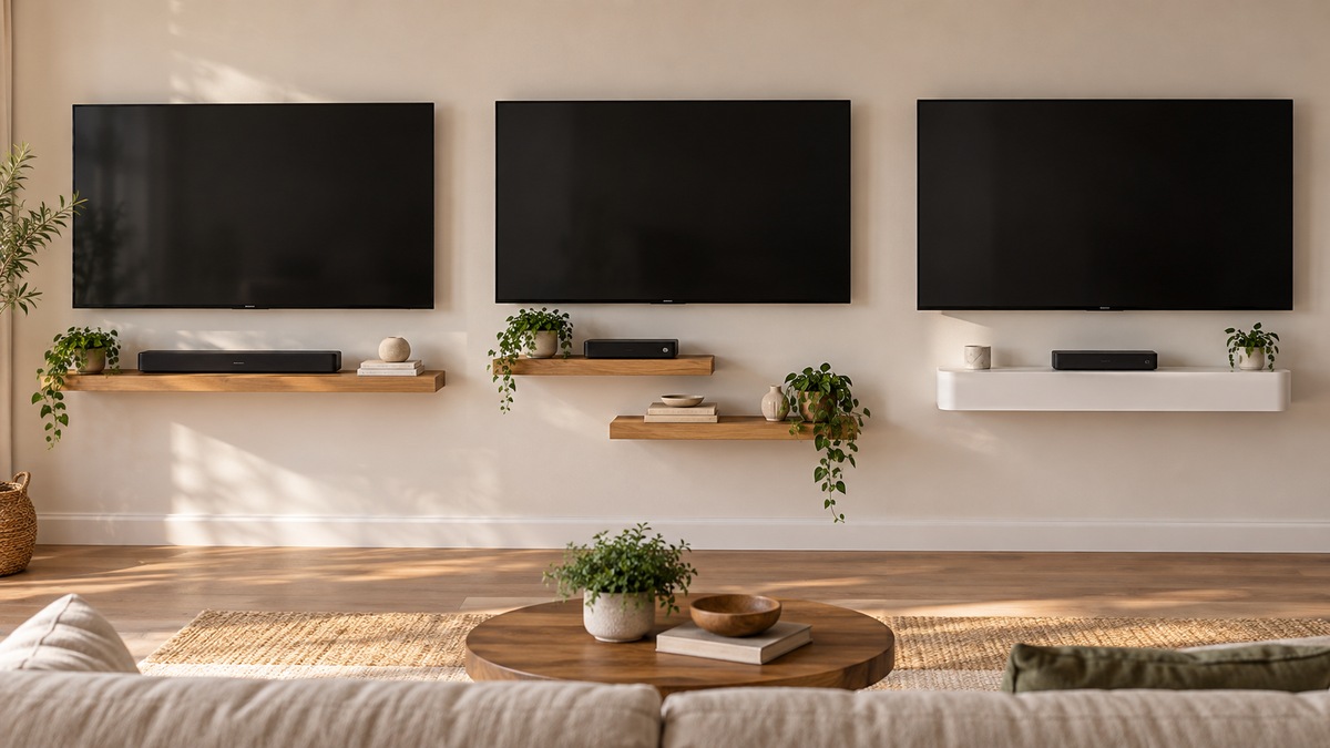 Floating wall shelf configurations displayed beneath blank wall-mounted televisions.