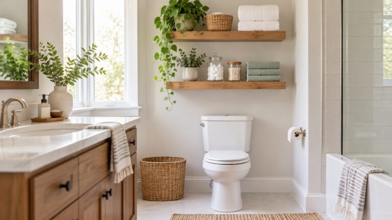 Two wood floating shelves mounted above a white toilet with folded towels and jars.