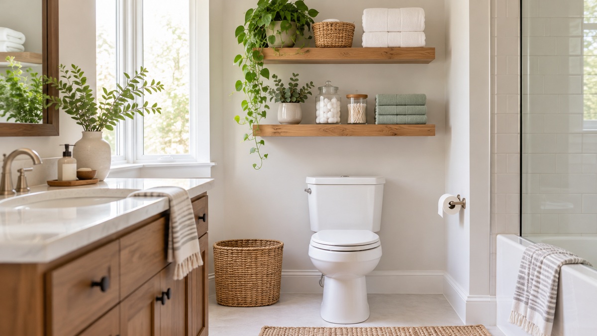 Two wood floating shelves mounted above a white toilet with folded towels and jars.
