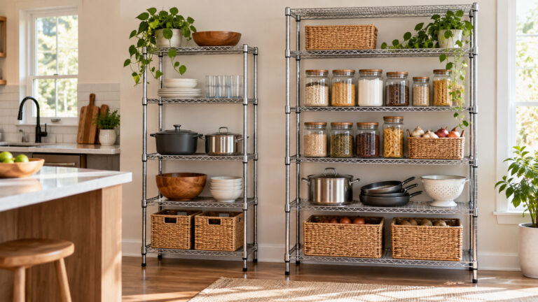 Two free-standing wire shelving units organizing cookware and pantry items in a kitchen.