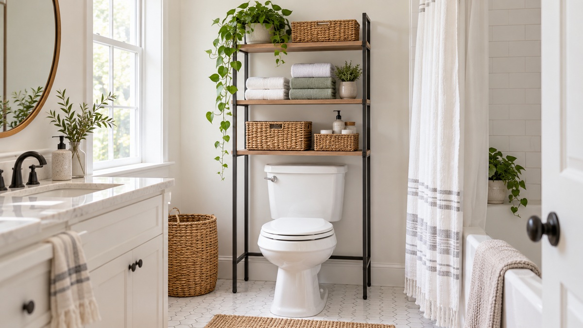 A freestanding over-toilet shelf unit in a small white bathroom with folded towels and baskets on the shelves.