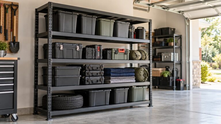 A sturdy four-tier welded steel shelving unit organized with garage storage supplies.