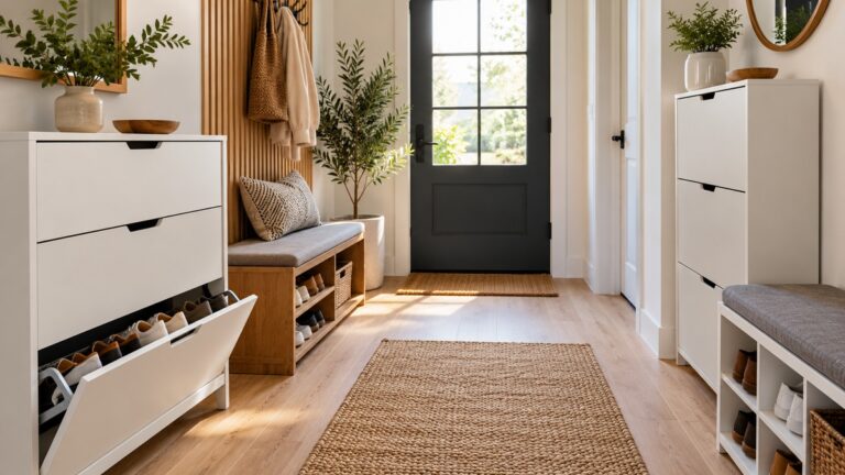 Compact hallway shoe storage cabinets and benches.