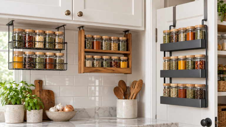 Three generic hanging spice rack styles compared in a bright organized kitchen.
