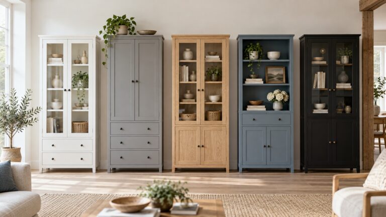 Five tall Scandinavian-style storage cabinets displayed in a bright living room.