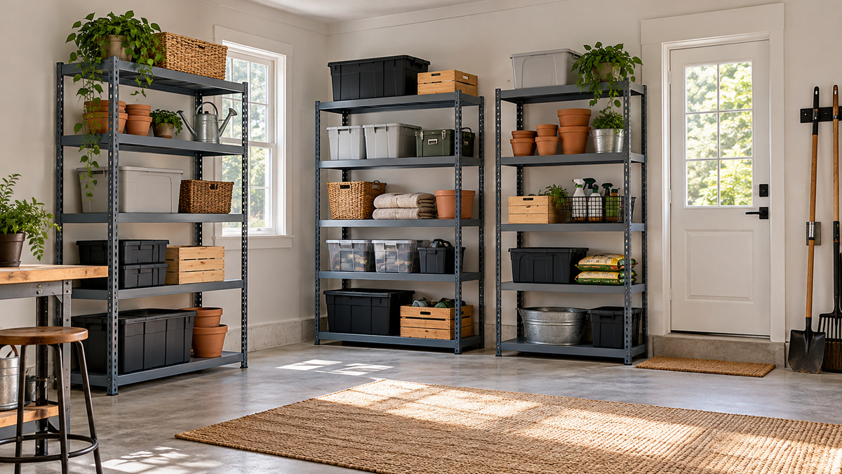 Five-tier metal shelving options are arranged in a bright organized utility room.