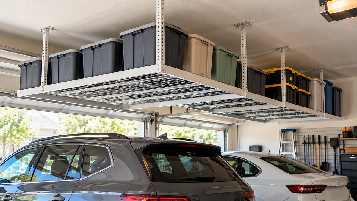 A garage ceiling with overhead storage racks holding labeled bins above parked cars.