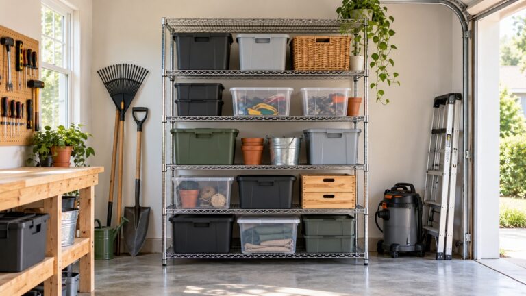 A garage wall with freestanding 5-tier metal shelving holding labeled bins and tools.