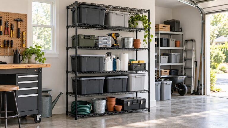A generic five-tier black wire shelving unit organized in a bright garage.