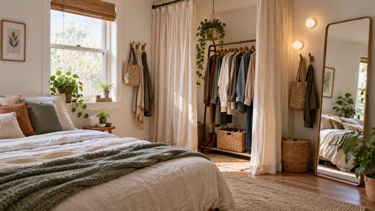 A small bedroom without a closet using hooks, a curtain divider, mirrors and stick-on lights to create a clothes zone.