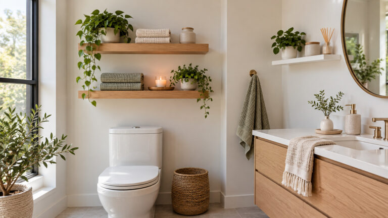 Wood and white floating shelves styled with towels and plants in a bright modern bathroom.