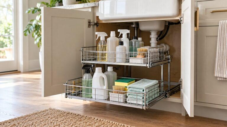 A pull-out wire organizer with two tiers of bottles and sponges, sliding out from beneath a kitchen sink cabinet with its doors open.