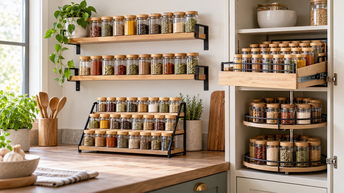Wall-mounted, tiered, pull-out, and corner spice organizers fill a bright kitchen.