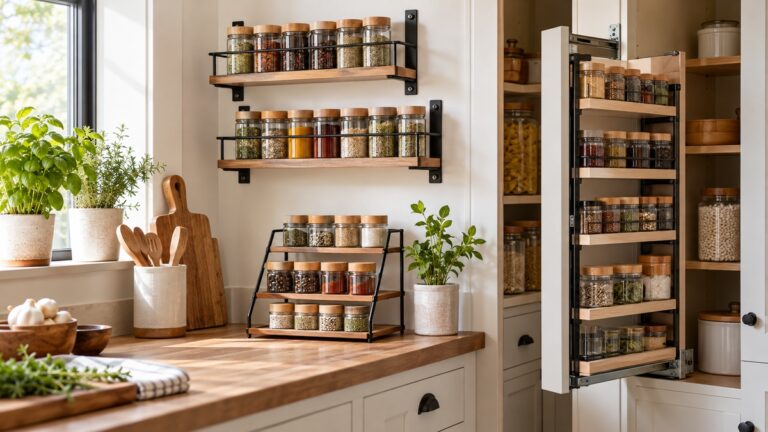 Several spice-organizer shelving styles displayed in a bright, organized kitchen.