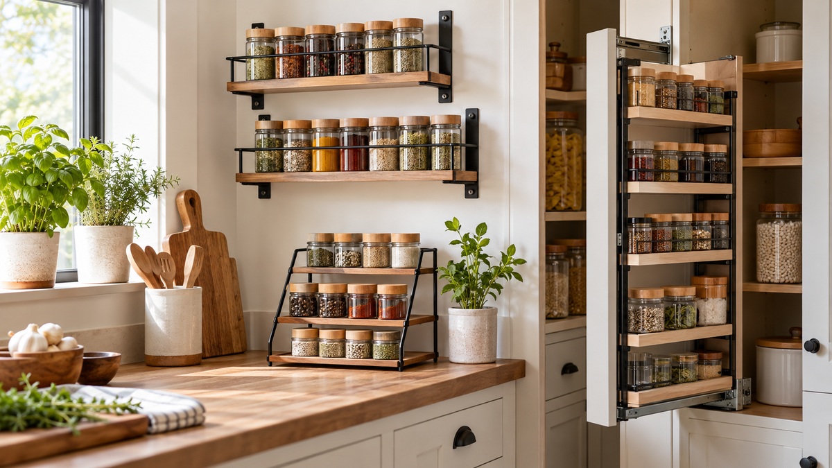 Several spice-organizer shelving styles displayed in a bright, organized kitchen.
