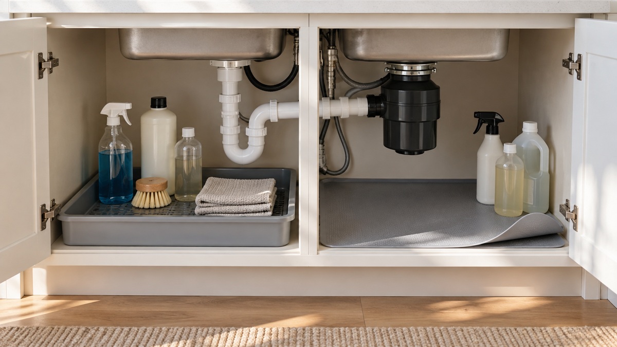 A raised-edge tray and flexible liner compared inside a clean under-sink cabinet.