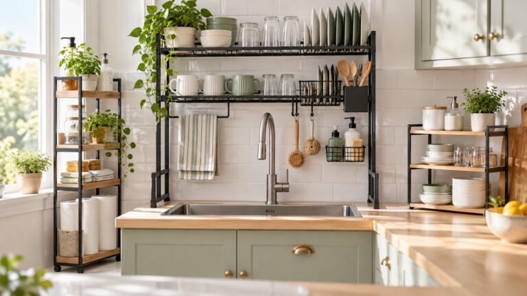 Kitchen sink shelving solutions compared in a bright and uncluttered kitchen.