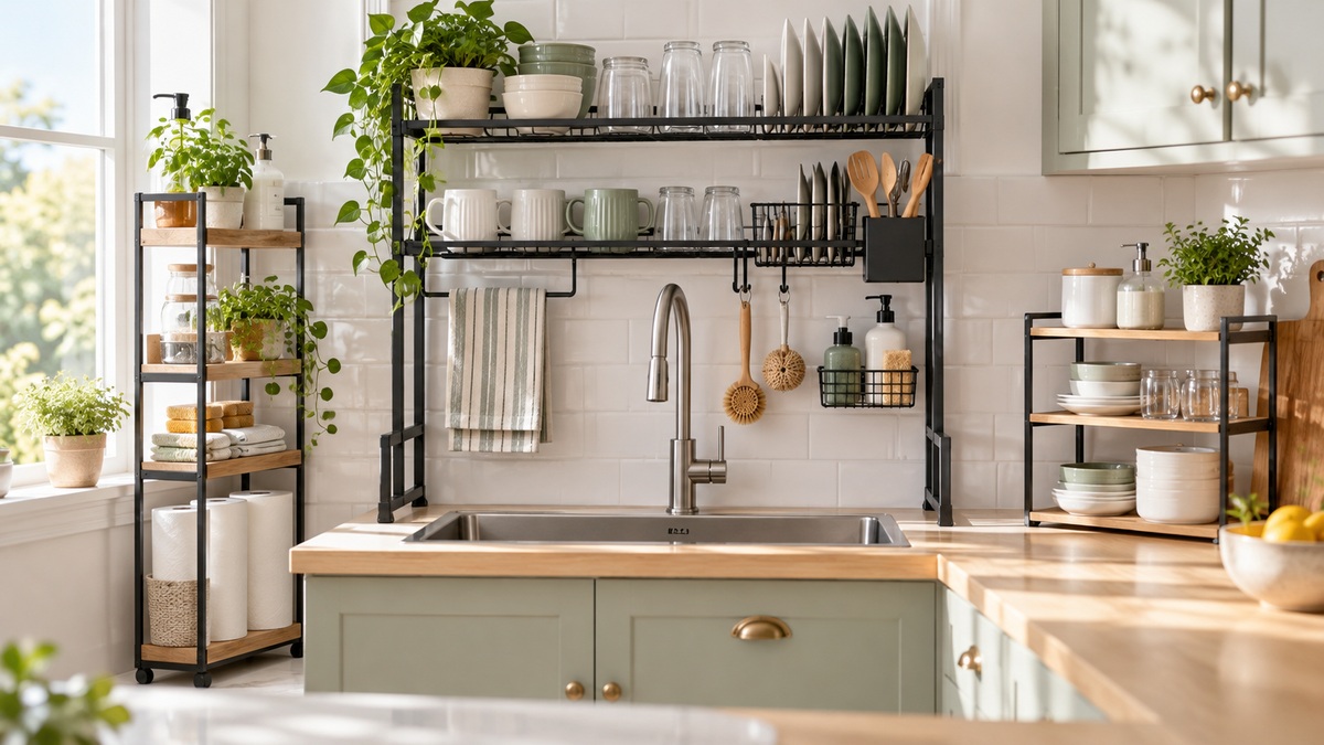 Kitchen sink shelving solutions compared in a bright and uncluttered kitchen.