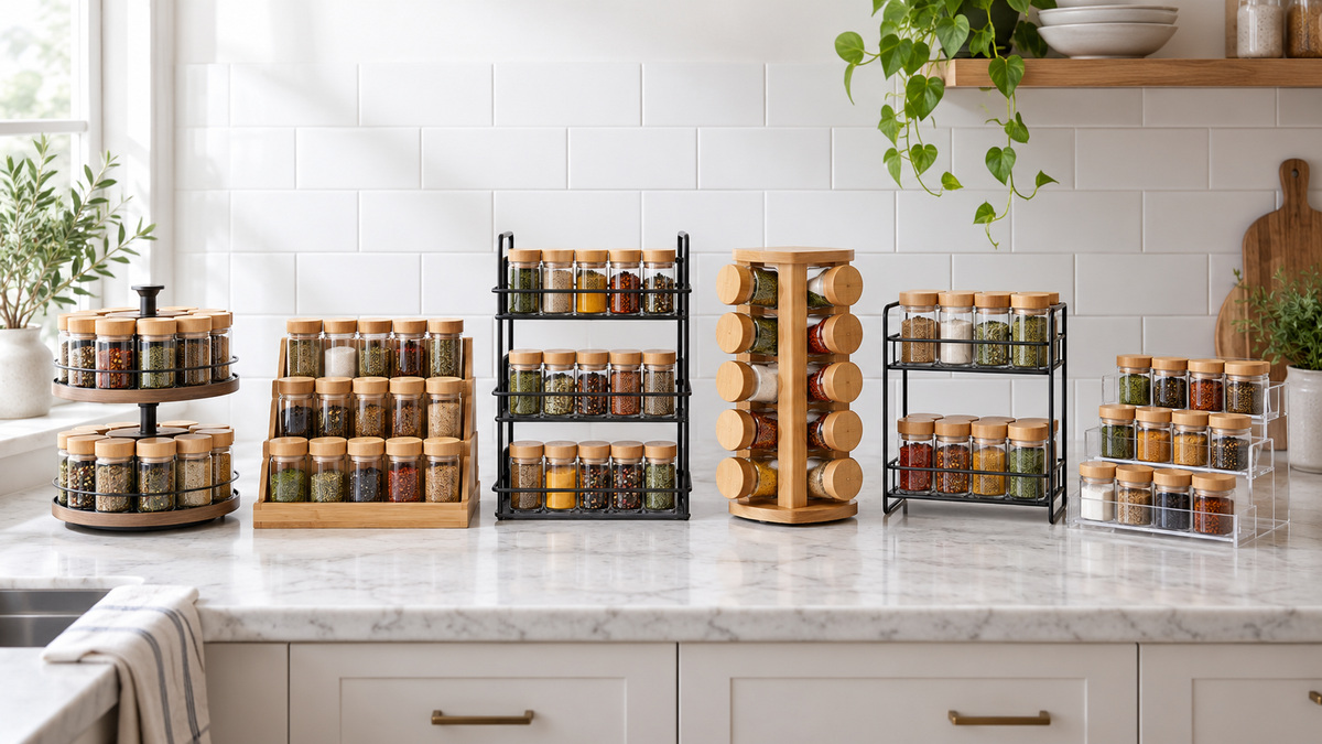 Six spice shelf configurations with plain jars arranged on a bright kitchen counter.