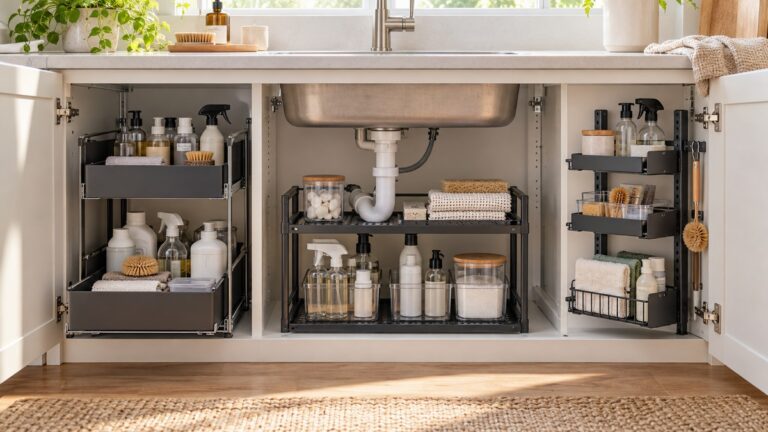Several under-sink organizer configurations installed inside a bright kitchen cabinet.