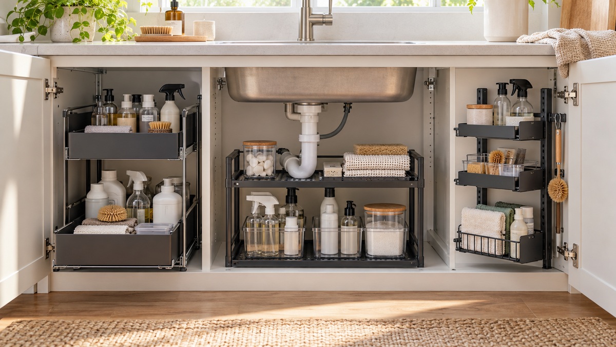 Several under-sink organizer configurations installed inside a bright kitchen cabinet.