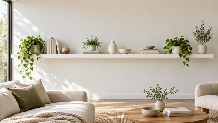 A bright living room wall with a long white floating shelf styled with books and small plants.