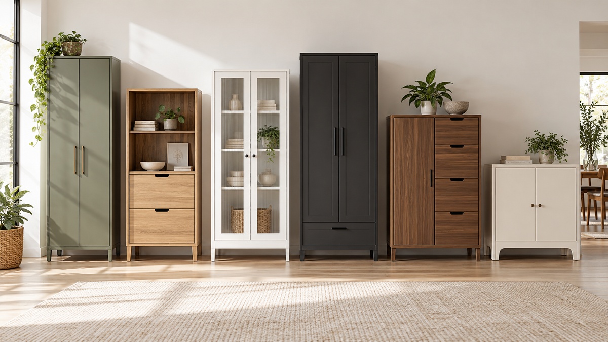 Six contemporary storage cabinets with varied doors and drawers are arranged in a bright room.