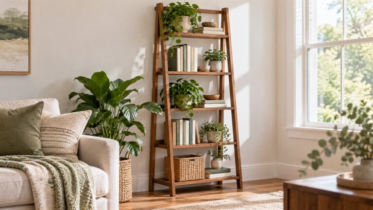 A narrow ladder bookshelf with five graduated shelves styled with books and plants in a bright living room corner.