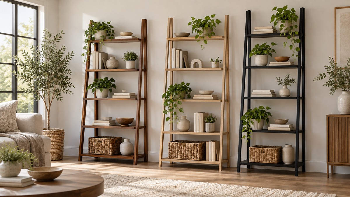 Three generic five-tier leaning ladder shelves compared in a warm living room.